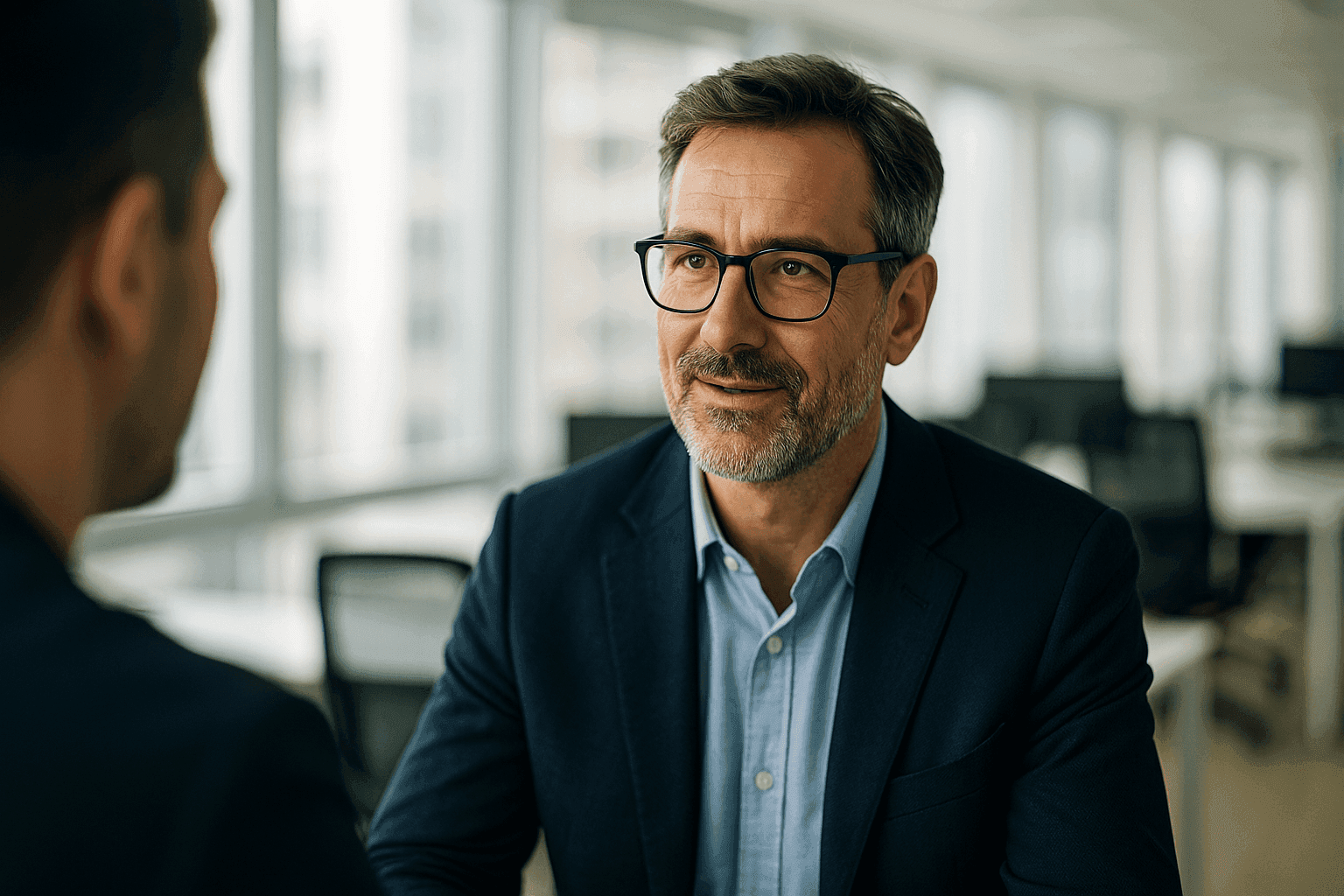 A distinguished man in a suit and glasses engages in a conversation, his gaze directed towards an unseen individual. The setting appears to be a modern office with large windows, suggesting a professional and collaborative environment. The overall mood is one of focused discussion and business interaction.